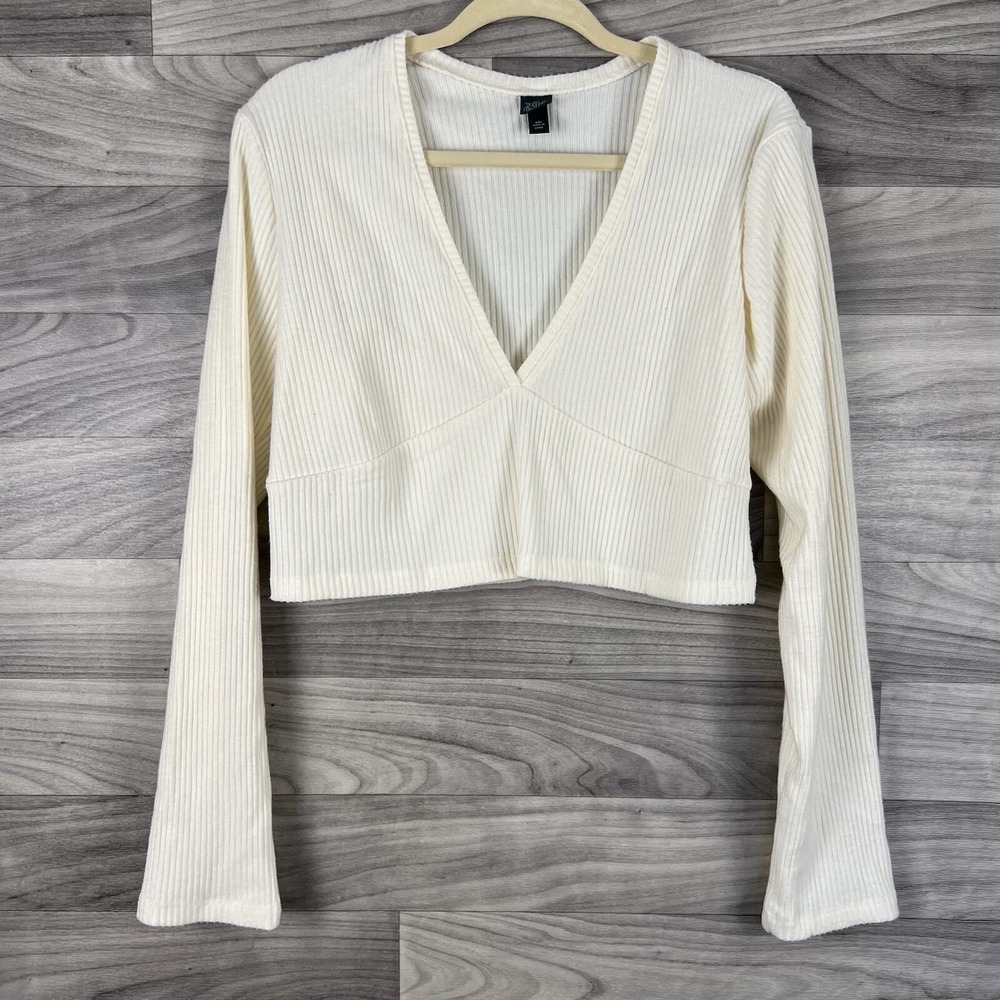 Wild Fable Blouse Shirt Women 2XL Beige Long Sleeve Cropped V-Neck Boho Festival